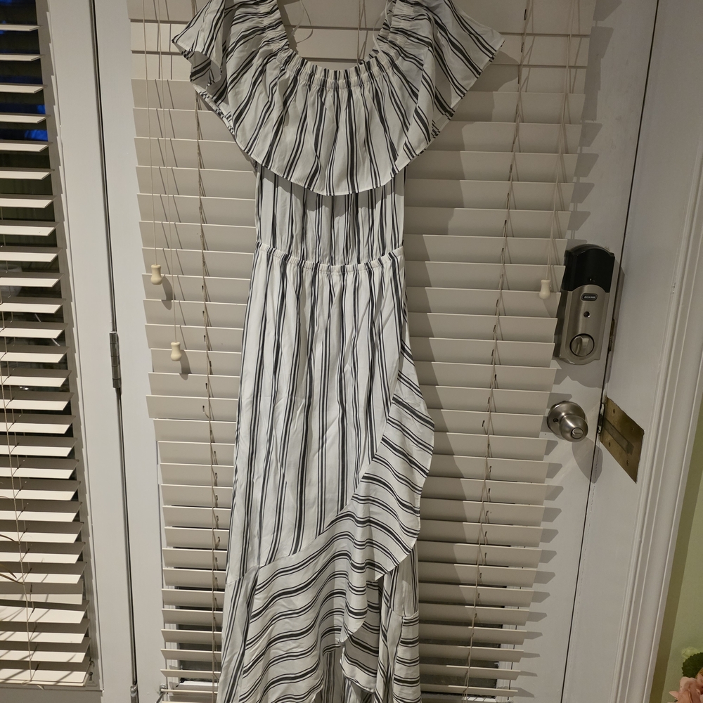 Express White and Black Off-Shoulder Striped Maxi Dress